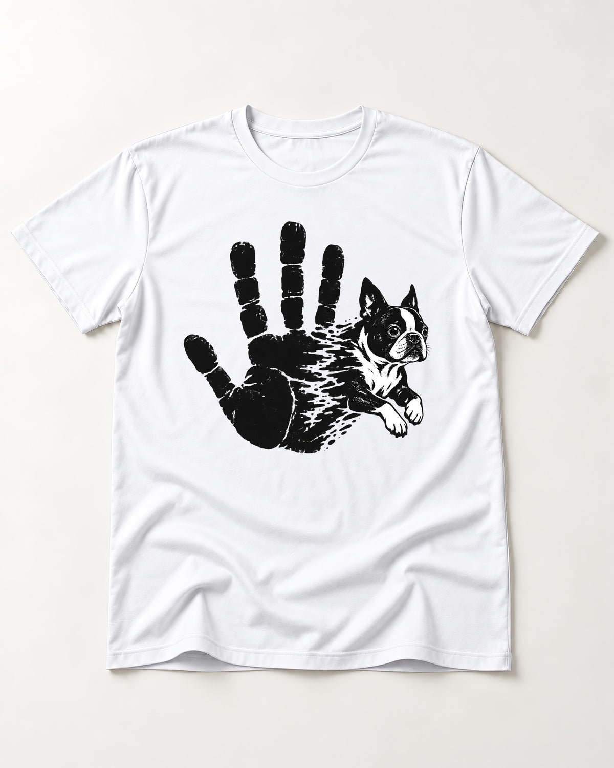 Boston Terrier High Five T-Shirt in White, flat lay product photo