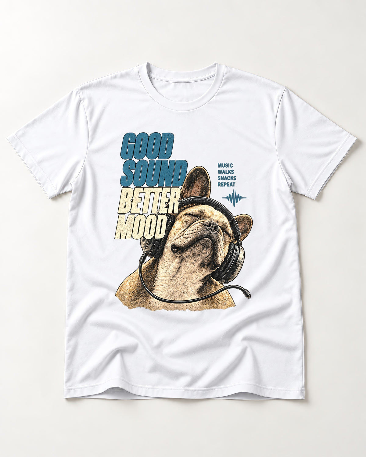 Frenchie Good Sound Better Mood Headphones Graphic T-Shirt in White, flat lay product photo