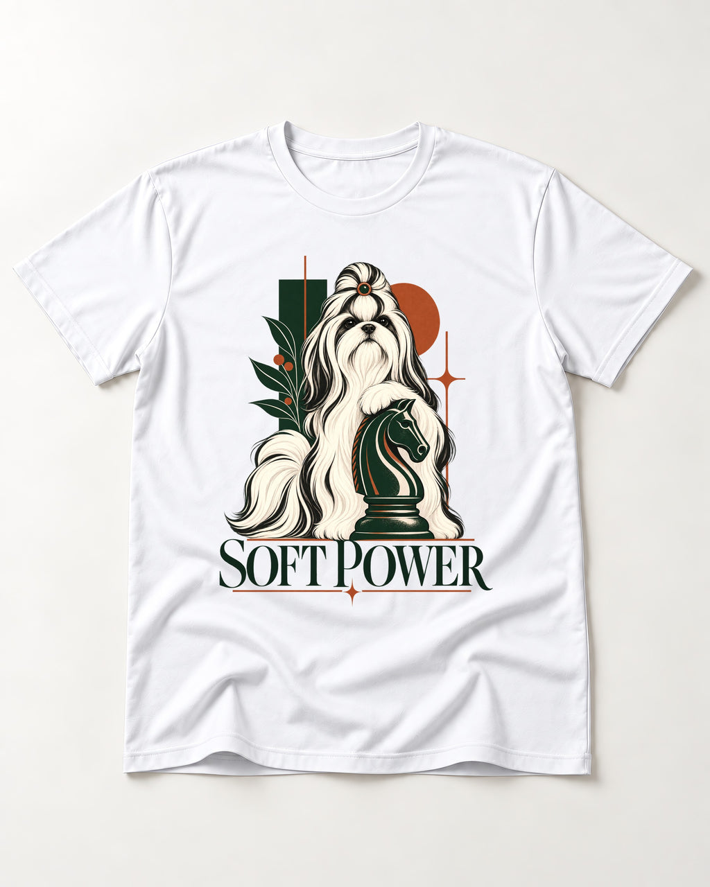 Soft Power Shih Tzu T-Shirt in White, flat lay product photo