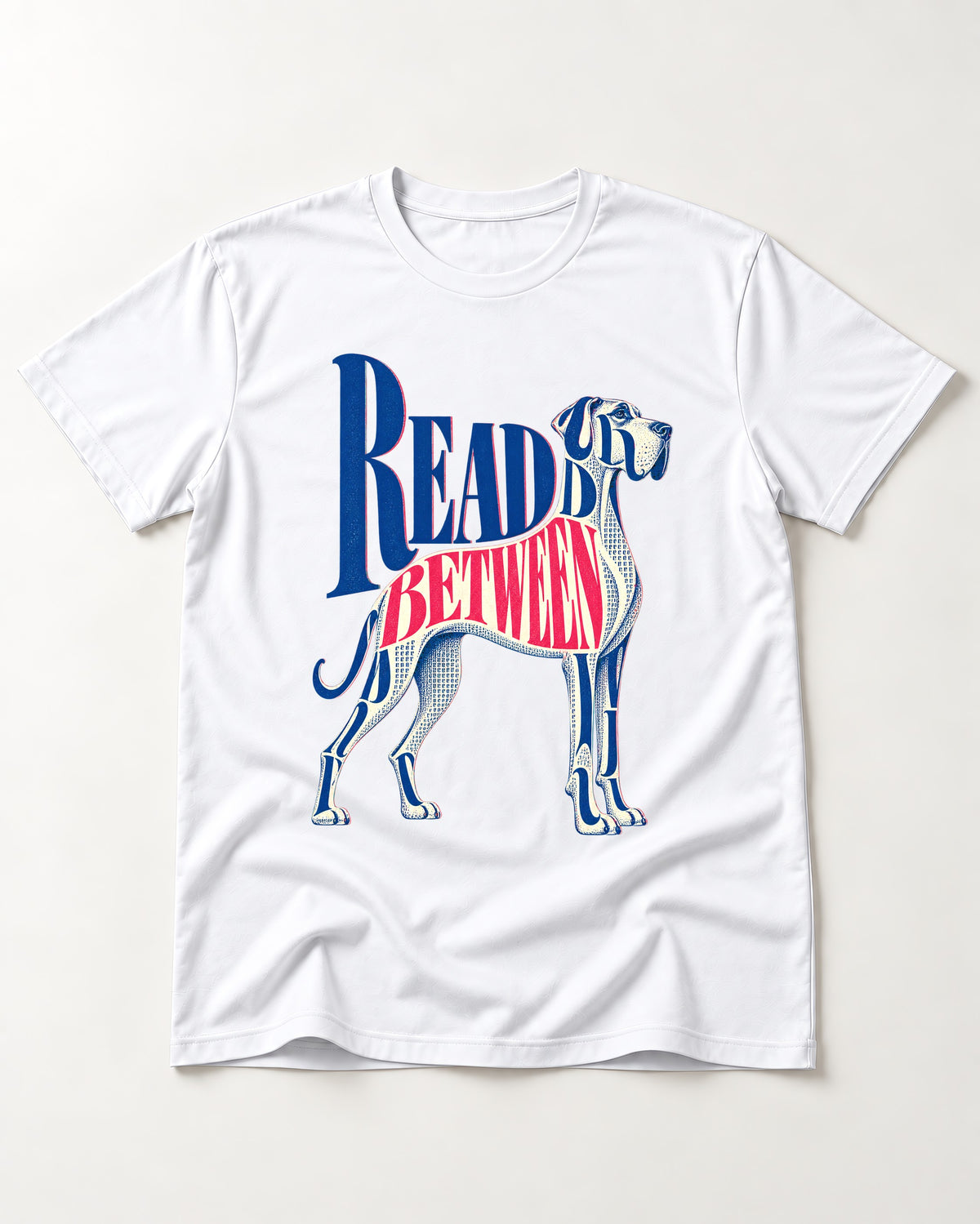 Read Between the Lines Great Dane T-Shirt in White, flat lay product photo