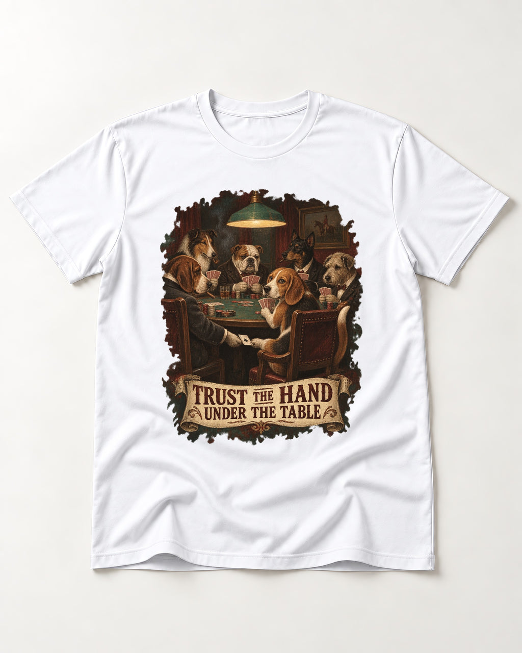 Trust The Hand Under The Table Beagle Poker Night T-Shirt in White, flat lay product photo