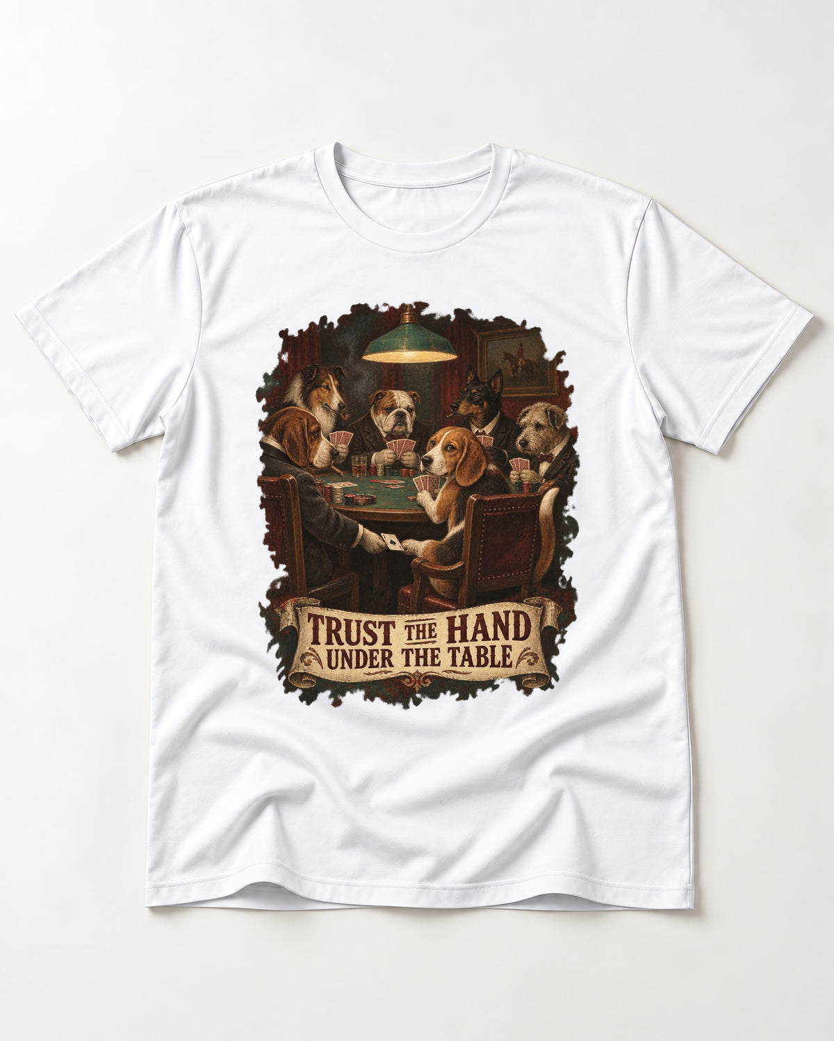 Trust The Hand Under The Table Beagle Poker Night T-Shirt in White, flat lay product photo