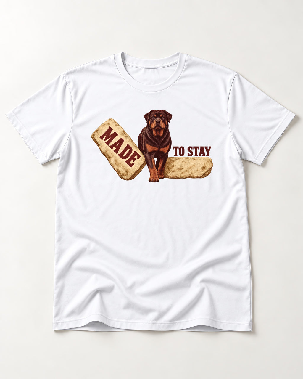 Rottweiler Made to Stay Stepping Stone Graphic T-Shirt in White, flat lay product photo