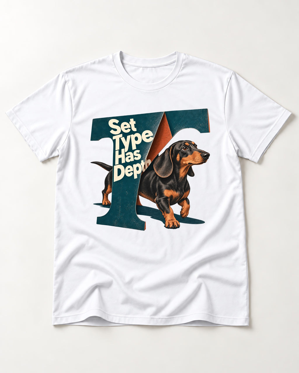 Dachshund Set Type Has Depth Folded Letter Graphic T-Shirt in White, flat lay product photo