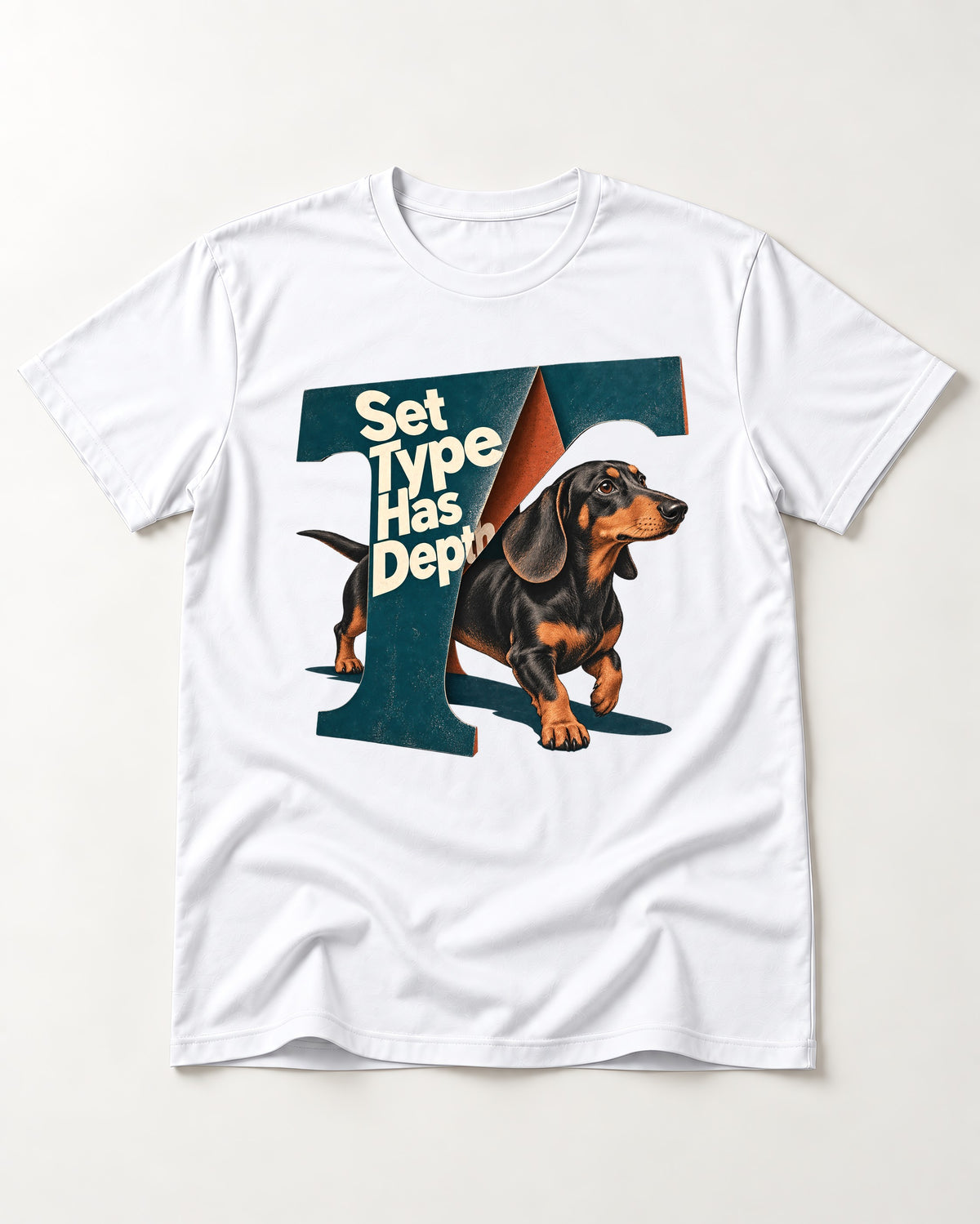 Dachshund Set Type Has Depth Folded Letter Graphic T-Shirt in White, flat lay product photo