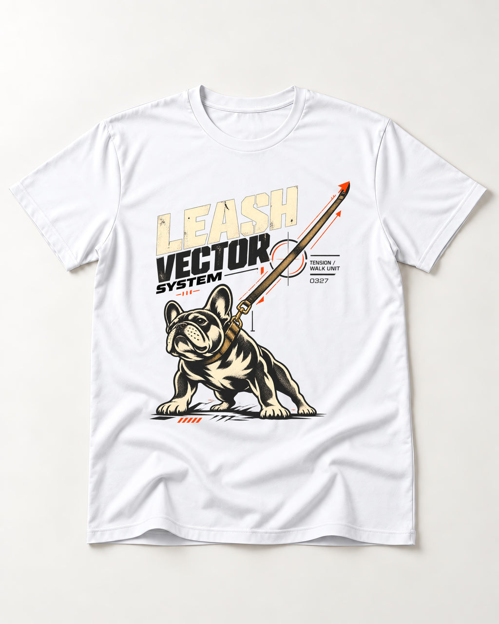 Frenchie Leash Vector T-Shirt in White, flat lay product photo