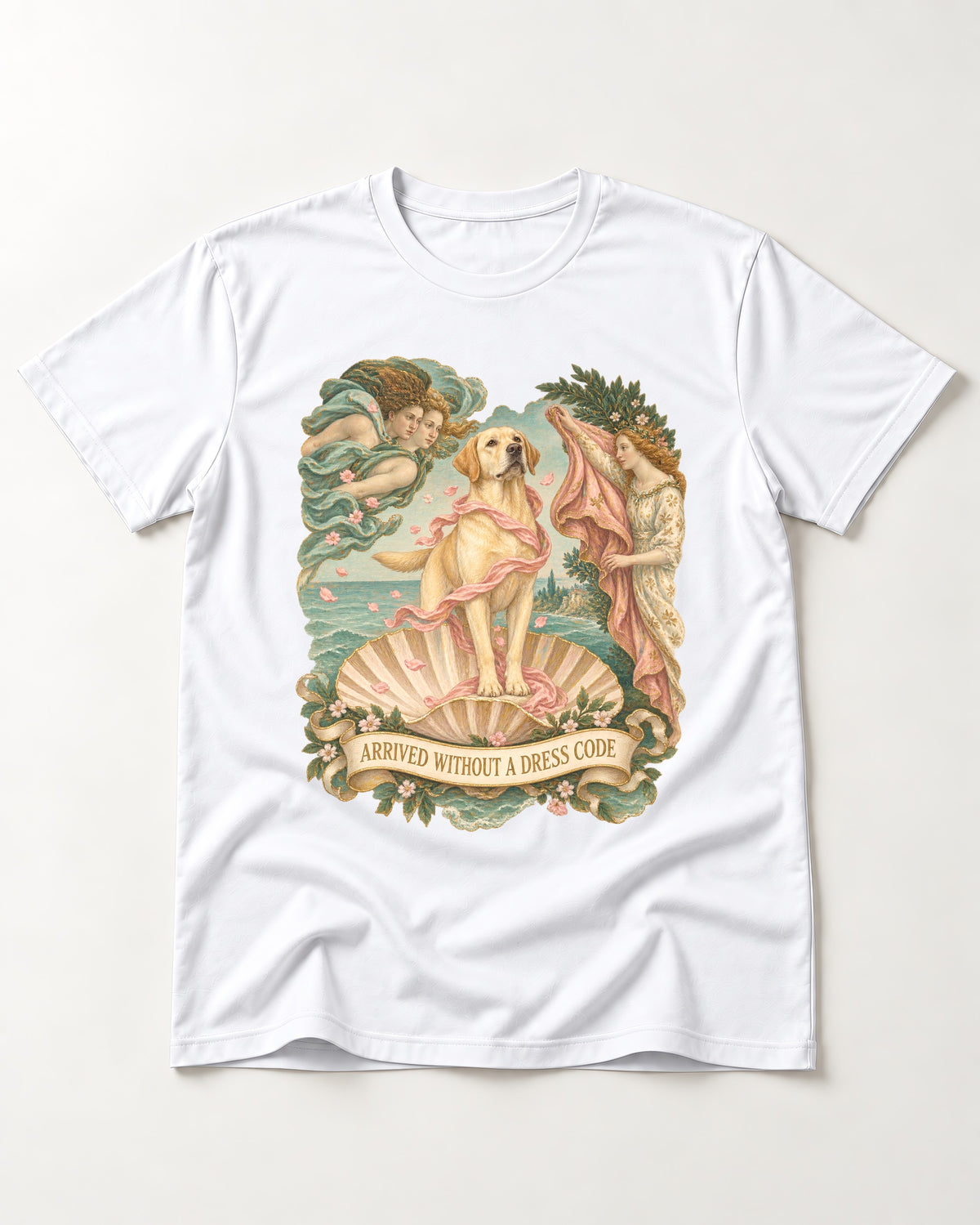 Labrador Retriever Without a Dress Code T-Shirt in White, flat lay product photo
