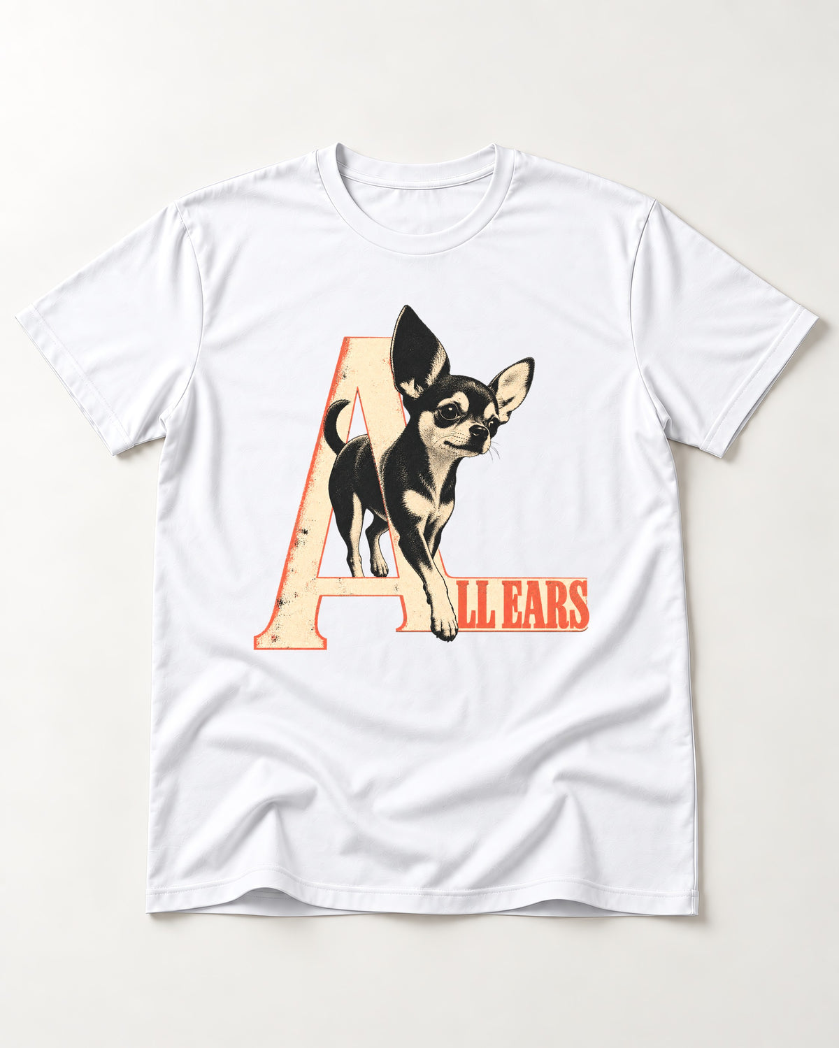All Ears Chihuahua T-Shirt in White, flat lay product photo