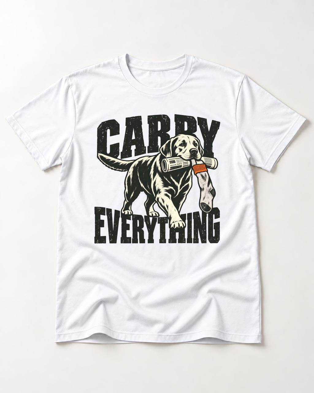 Carry Everything Labrador Retriever T-Shirt in White, flat lay product photo