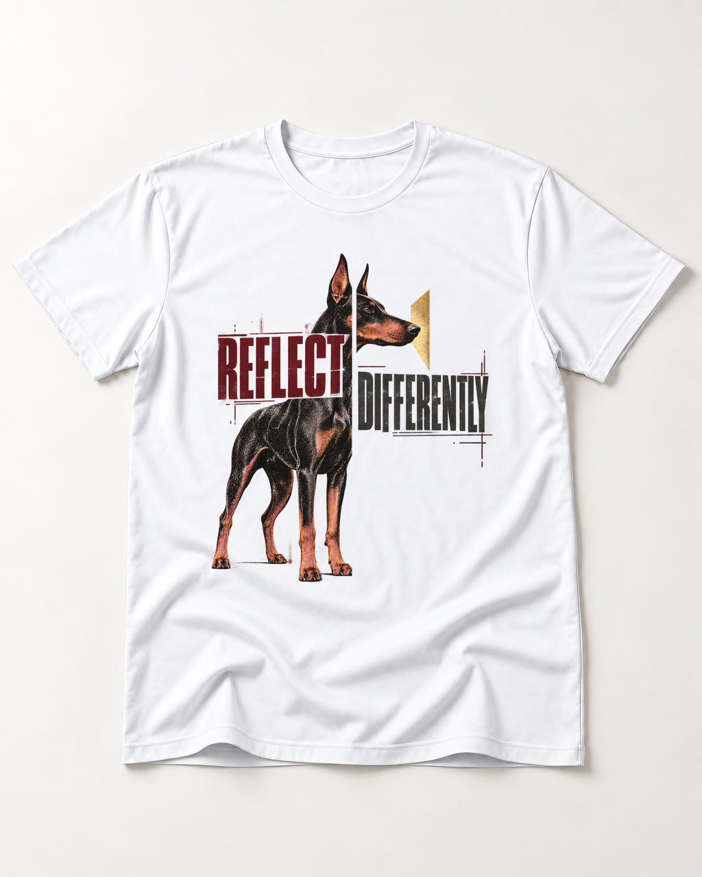 Doberman Reflects Differently T-Shirt in White, flat lay product photo
