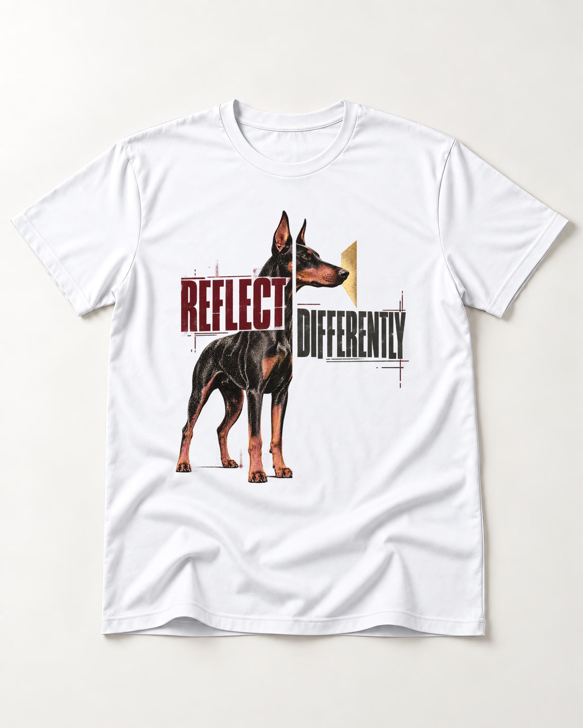 Doberman Reflects Differently T-Shirt in White, flat lay product photo