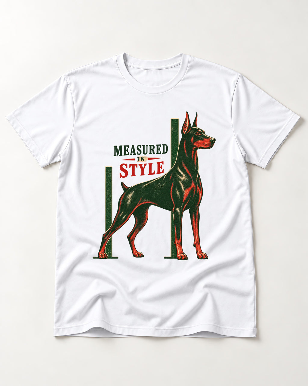 Measured in Doberman T-Shirt in White, flat lay product photo