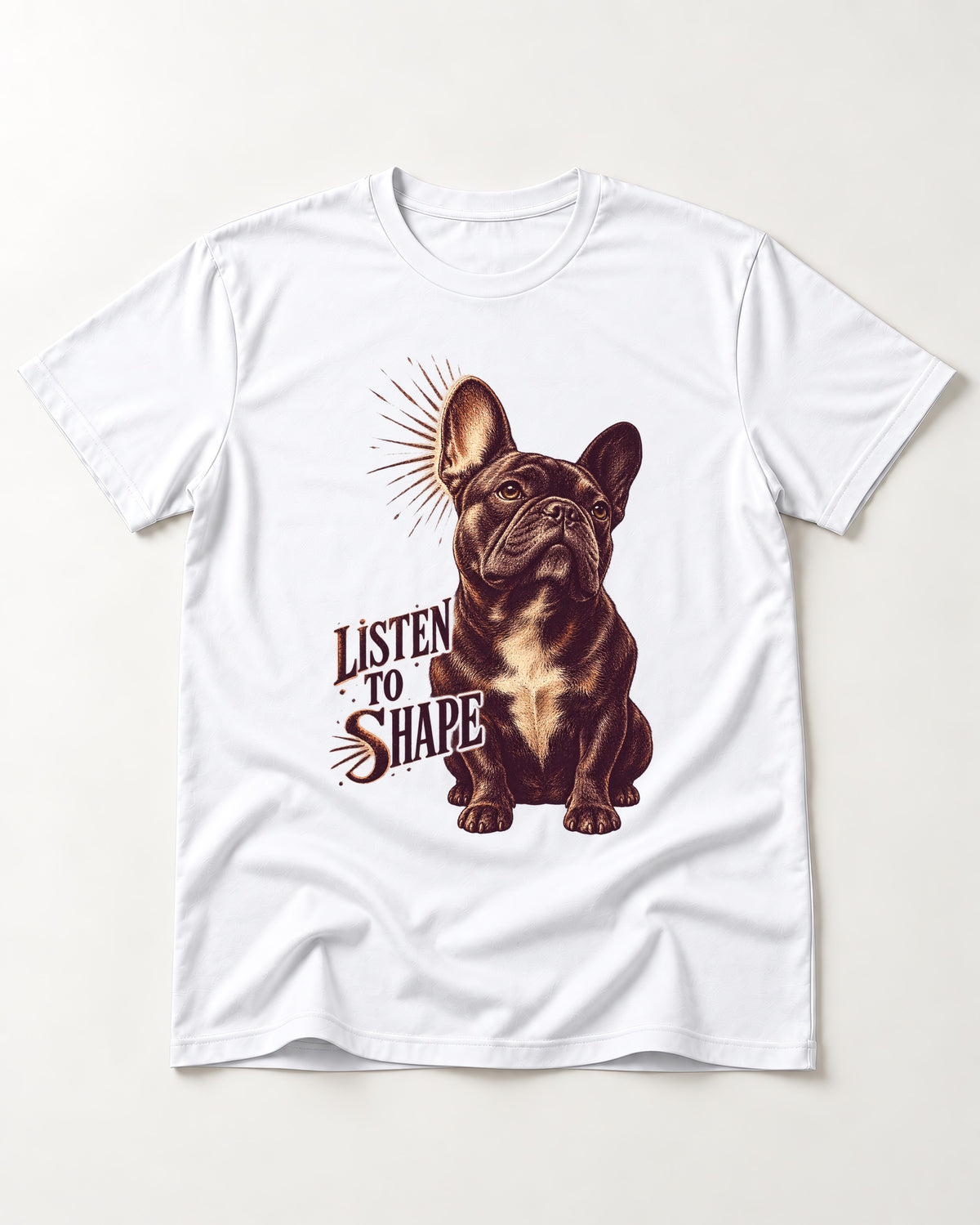Listen to Shape Frenchie T-Shirt in White, flat lay product photo