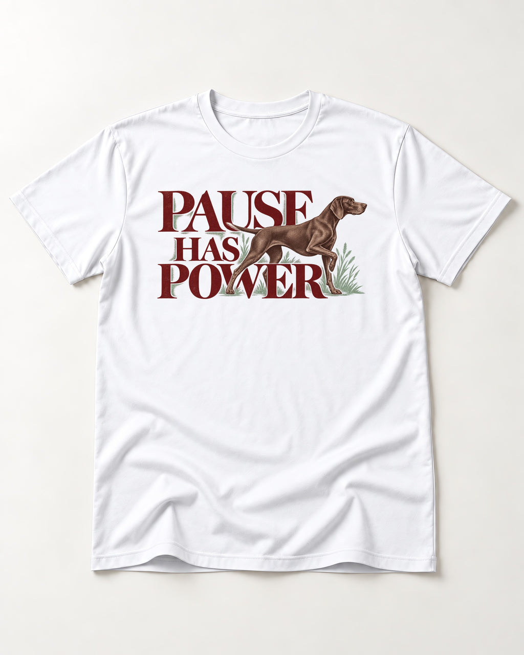 Pause Has Power German Shorthaired Pointer T-Shirt in White, flat lay product photo