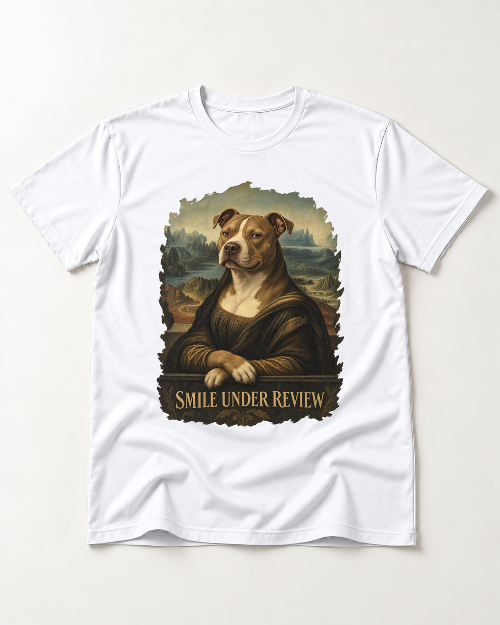 Pitbull Smile Under Review Renaissance Portrait Graphic T-Shirt in White, flat lay product photo