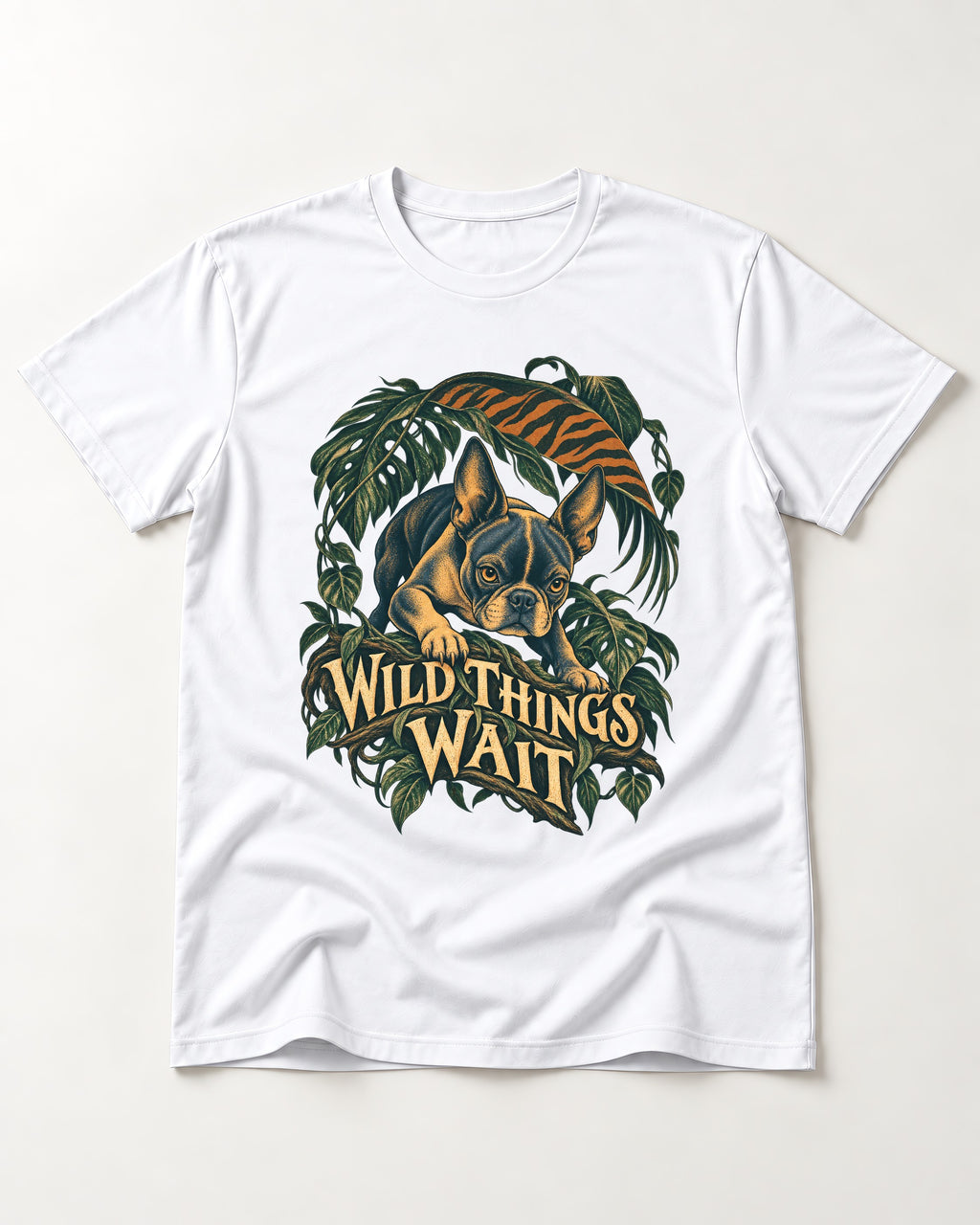Boston Terrier Wild Things Wait T-Shirt in White, flat lay product photo