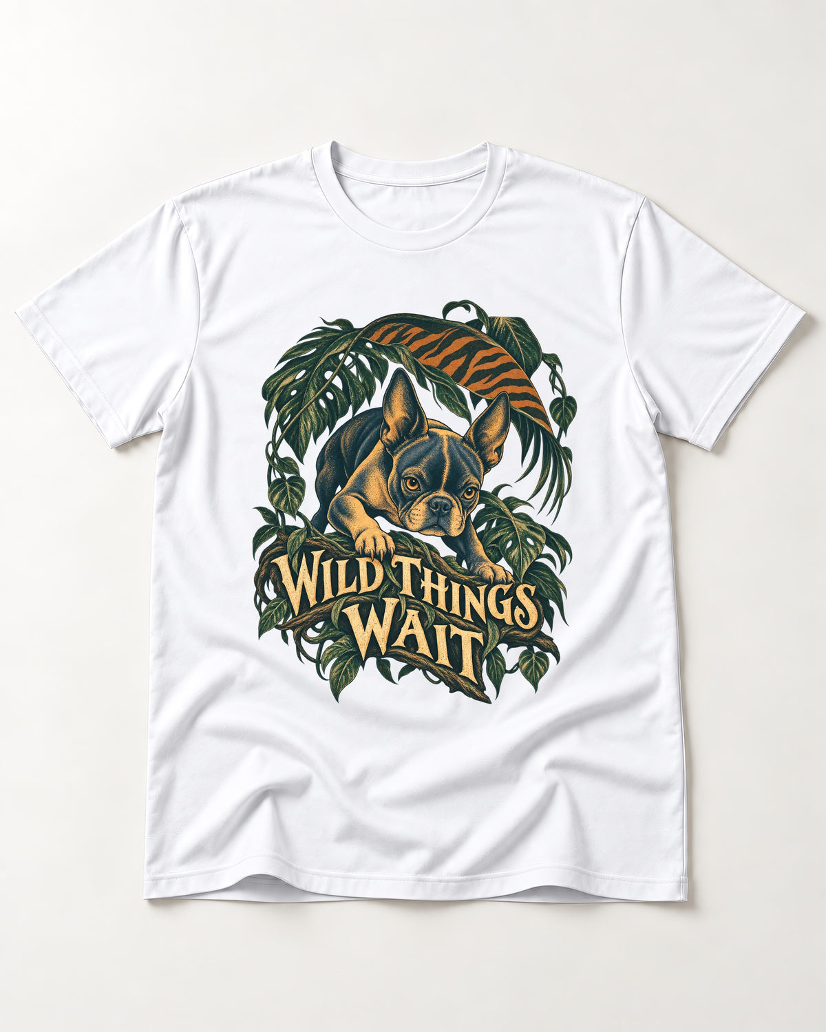 Boston Terrier Wild Things Wait T-Shirt in White, flat lay product photo