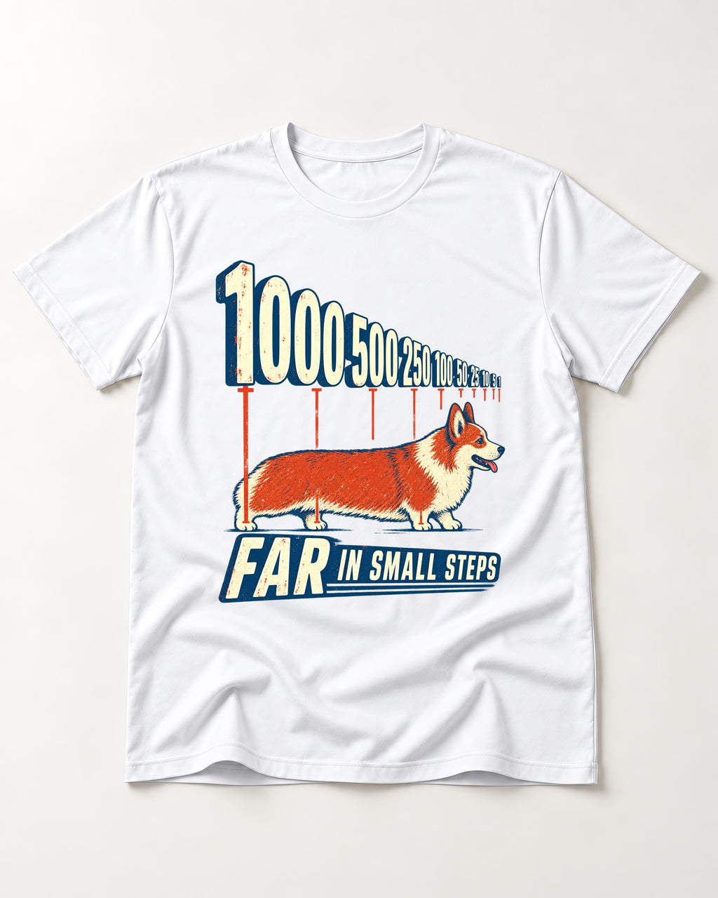 Corgi Far in Small Steps T-Shirt in White, flat lay product photo
