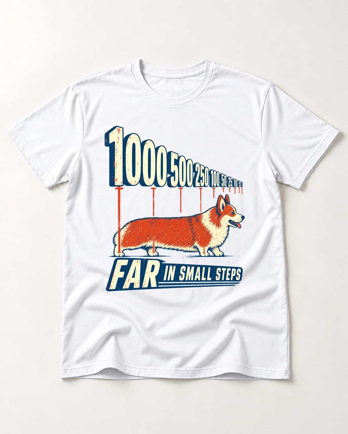 Corgi Far in Small Steps T-Shirt in White, flat lay product photo