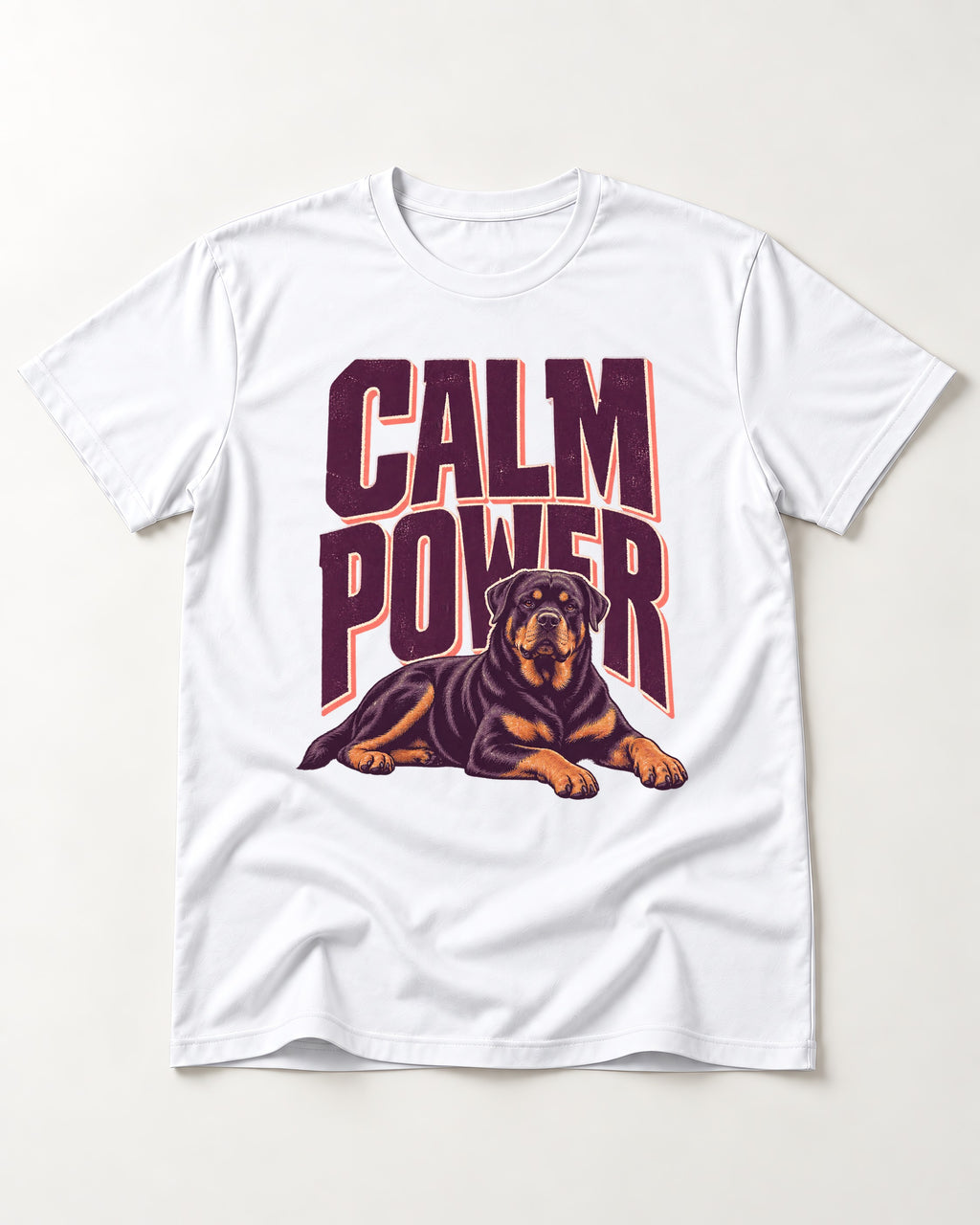 Rottweiler Calm Power Resting Dog Graphic T-Shirt in White, flat lay product photo