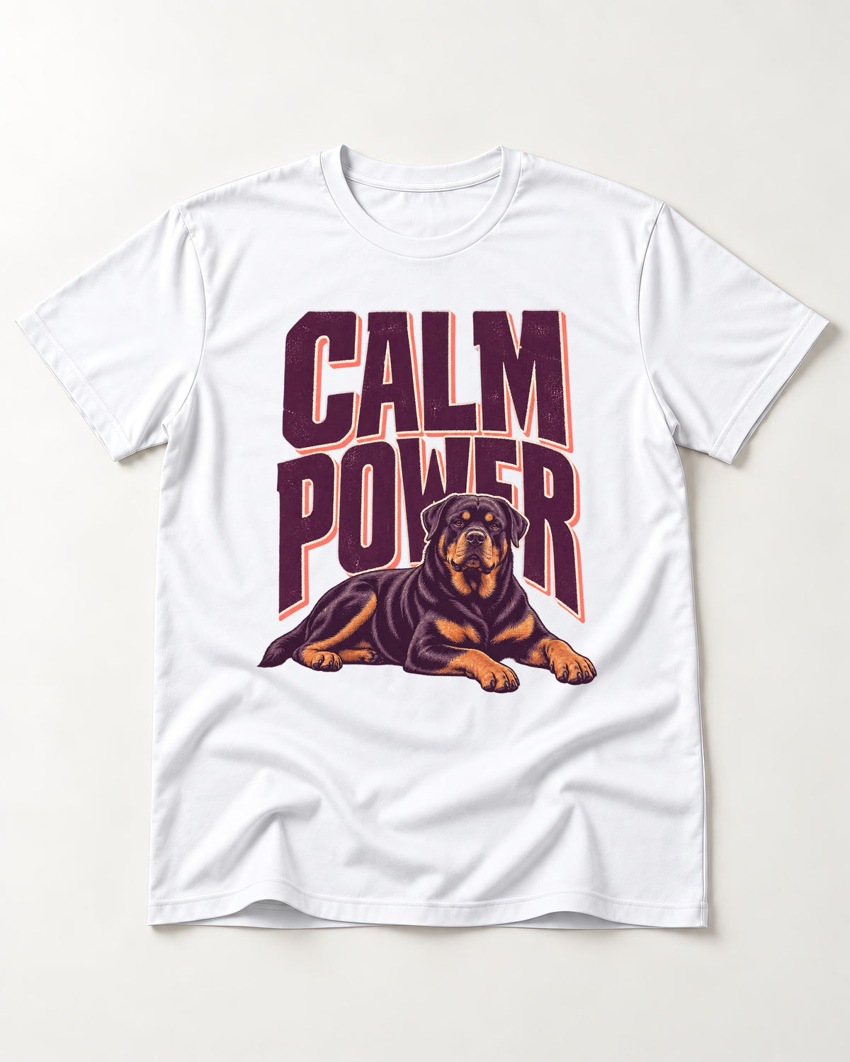 Rottweiler Calm Power Resting Dog Graphic T-Shirt in White, flat lay product photo
