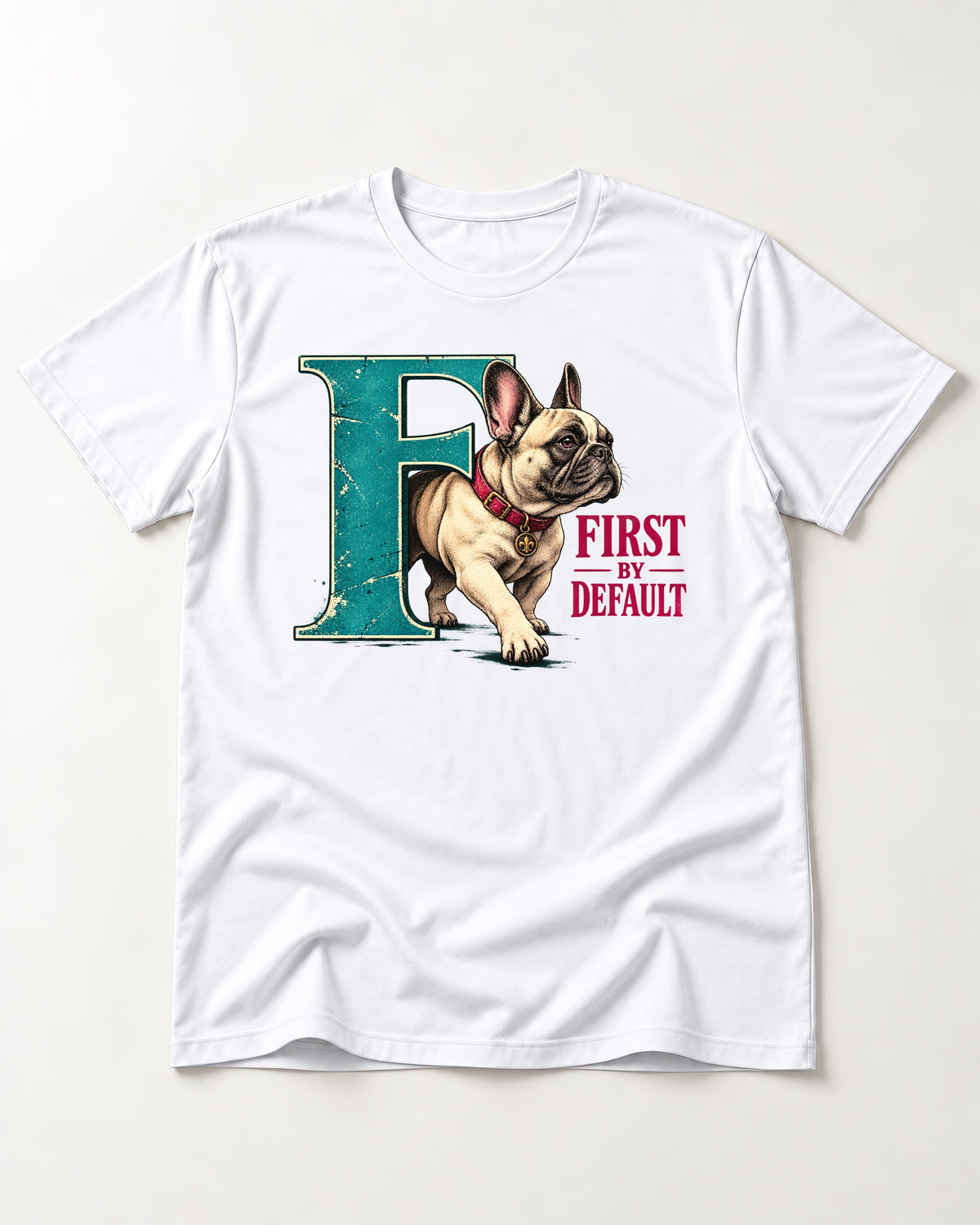 Frenchie First by Default Teal F Graphic T-Shirt in White, flat lay product photo