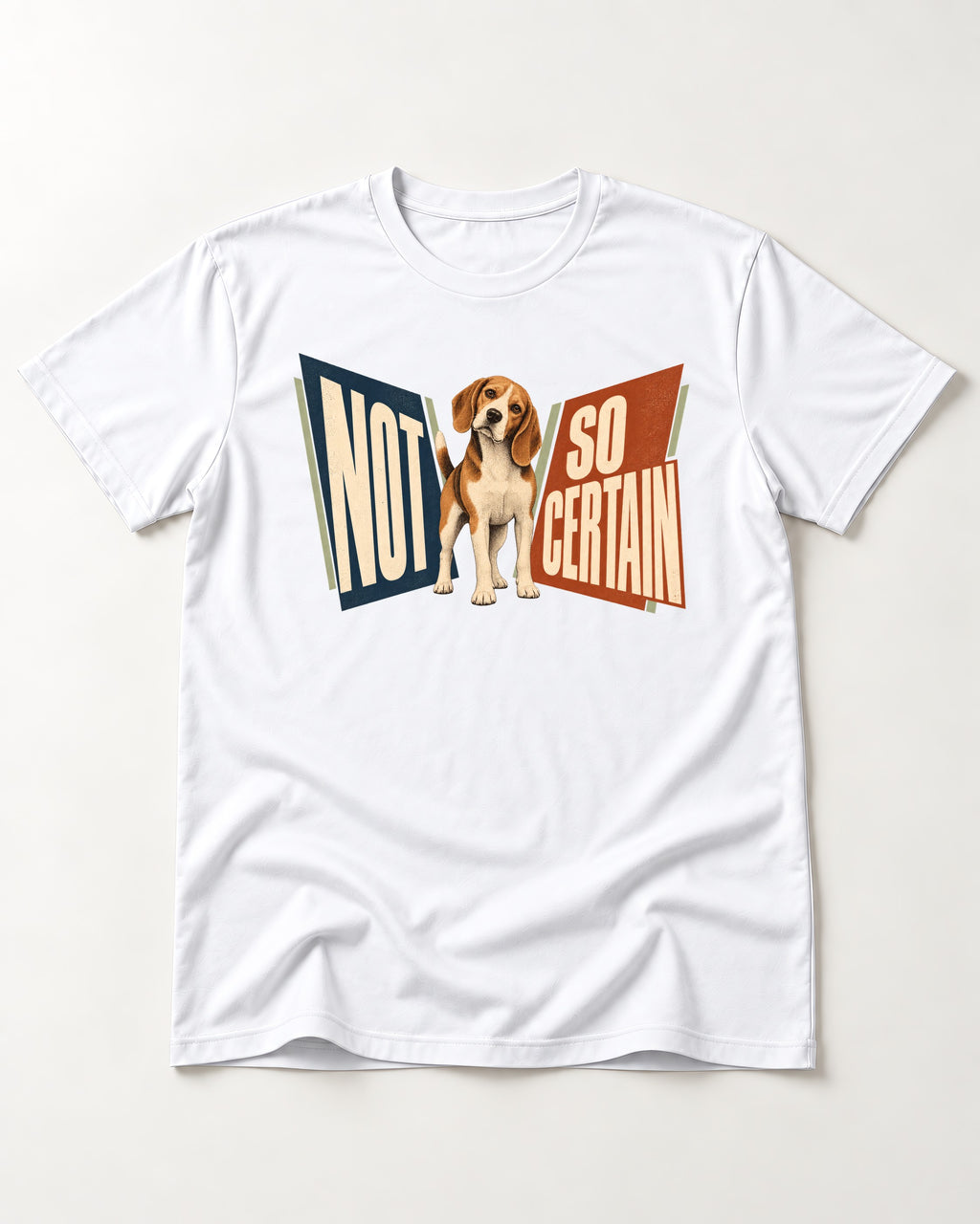 Beagle Not So Certain Retro Panel Graphic T-Shirt in White, flat lay product photo