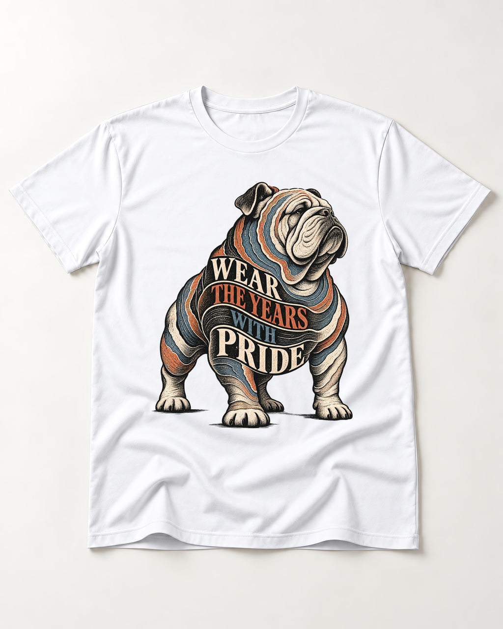 English Bulldog Wear the Years T-Shirt in White, flat lay product photo