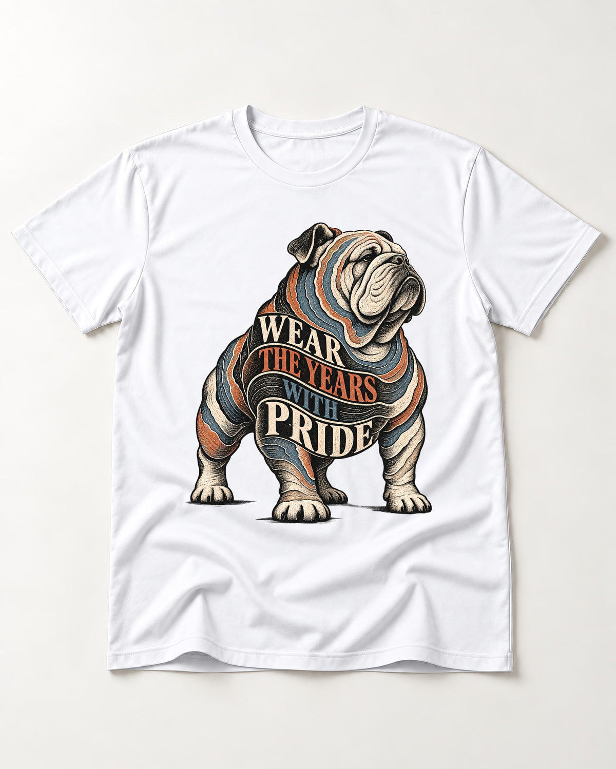 English Bulldog Wear the Years T-Shirt in White, flat lay product photo