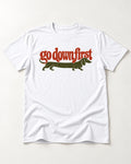 Dachshund Goes Down First T-Shirt in White, flat lay product photo