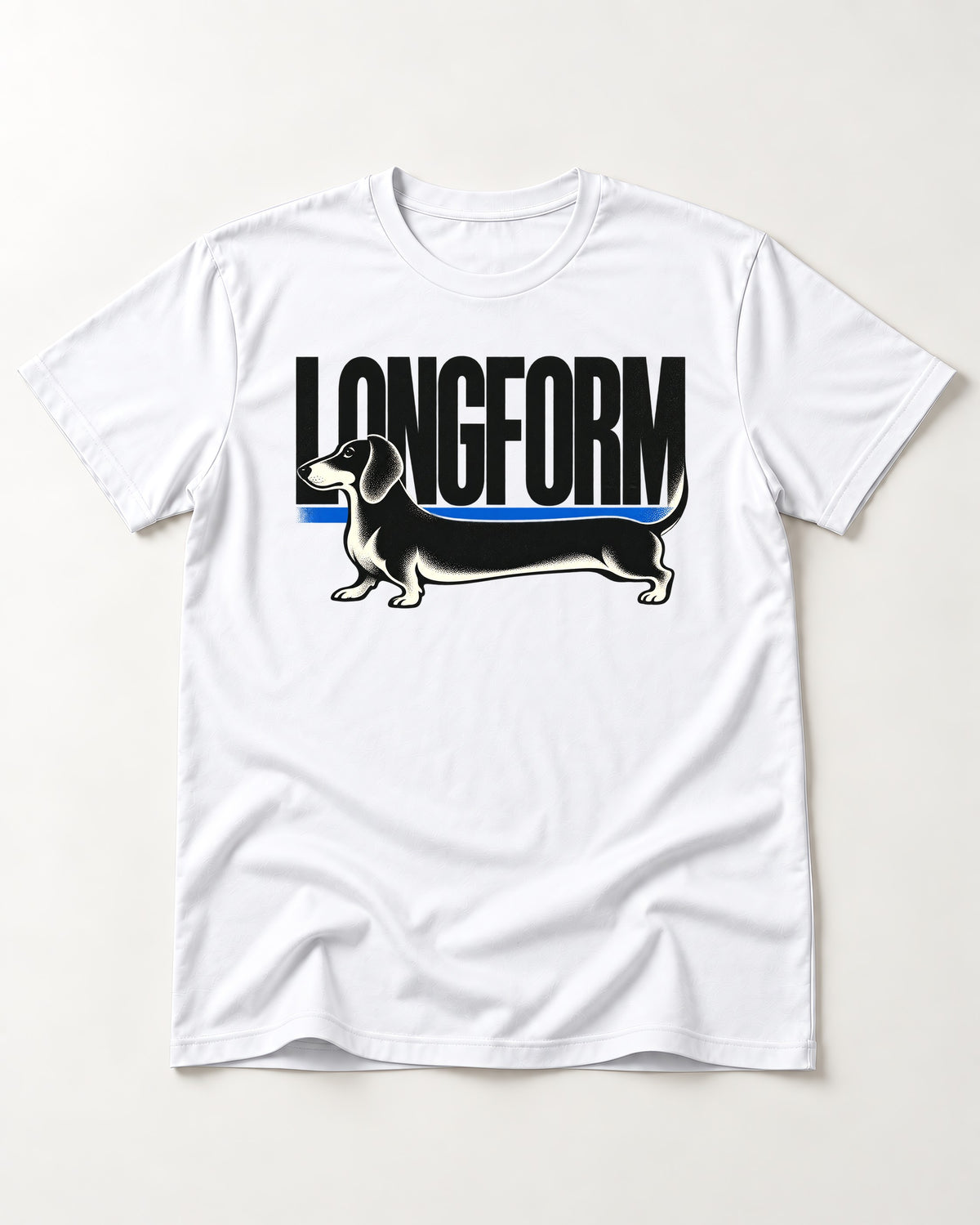 Longform Dachshund T-Shirt in White, flat lay product photo