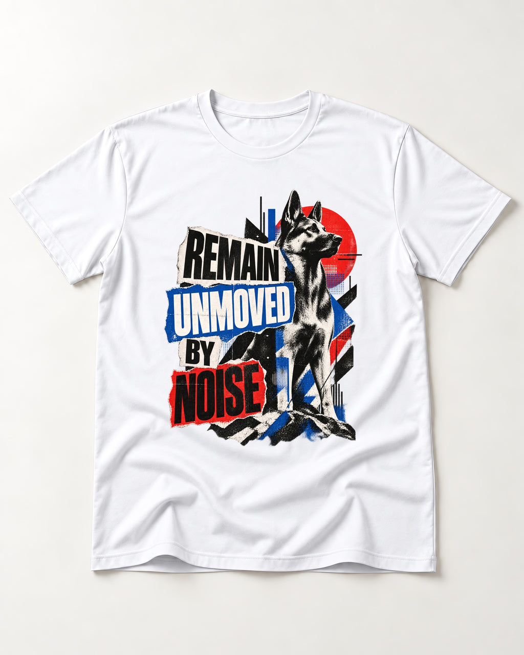 Remain Unmoved By Noise Brutalist Collage German Shepherd Dog Graphic T-Shirt in White, flat lay product photo