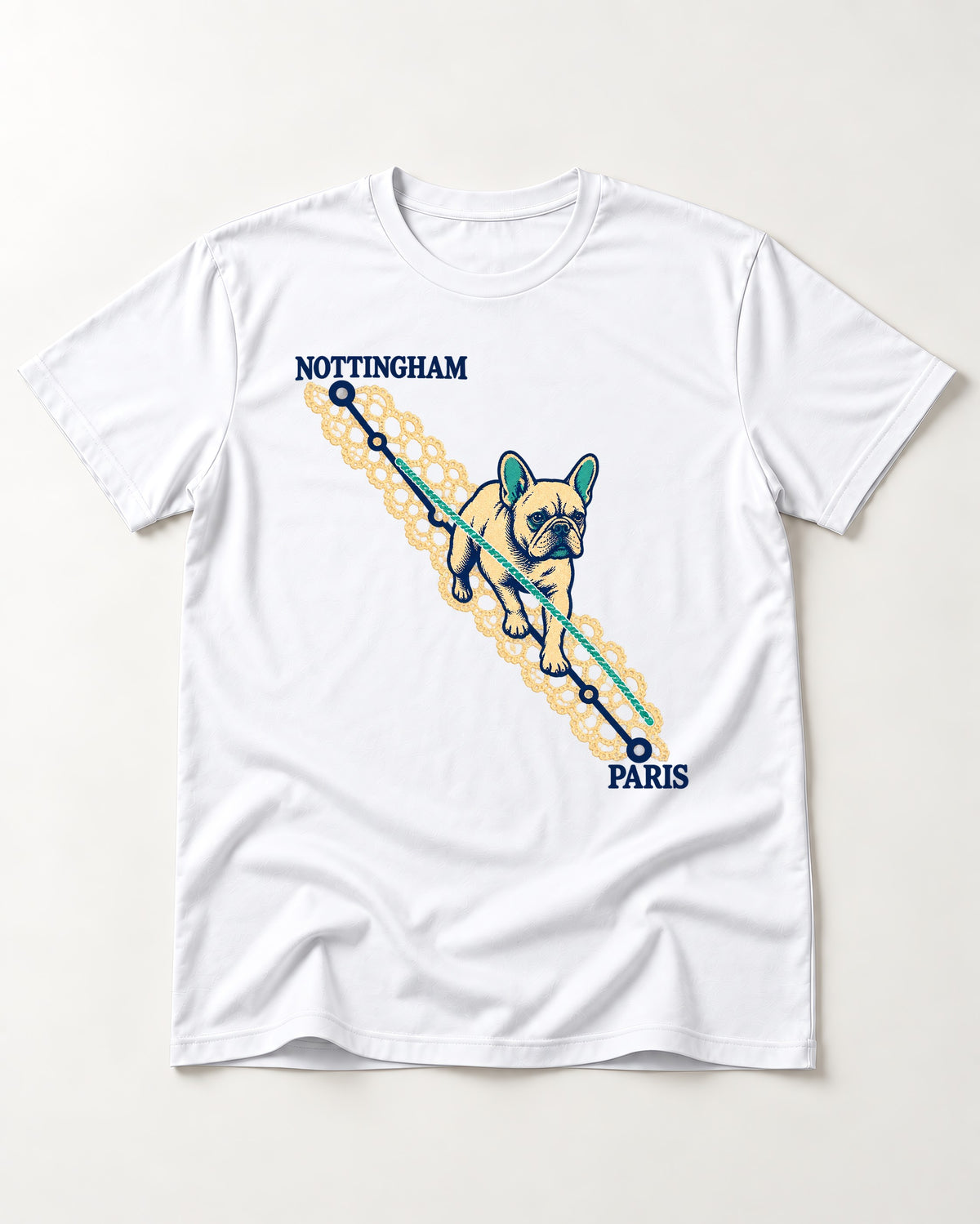 Nottingham to Paris Frenchie T-Shirt in White, flat lay product photo