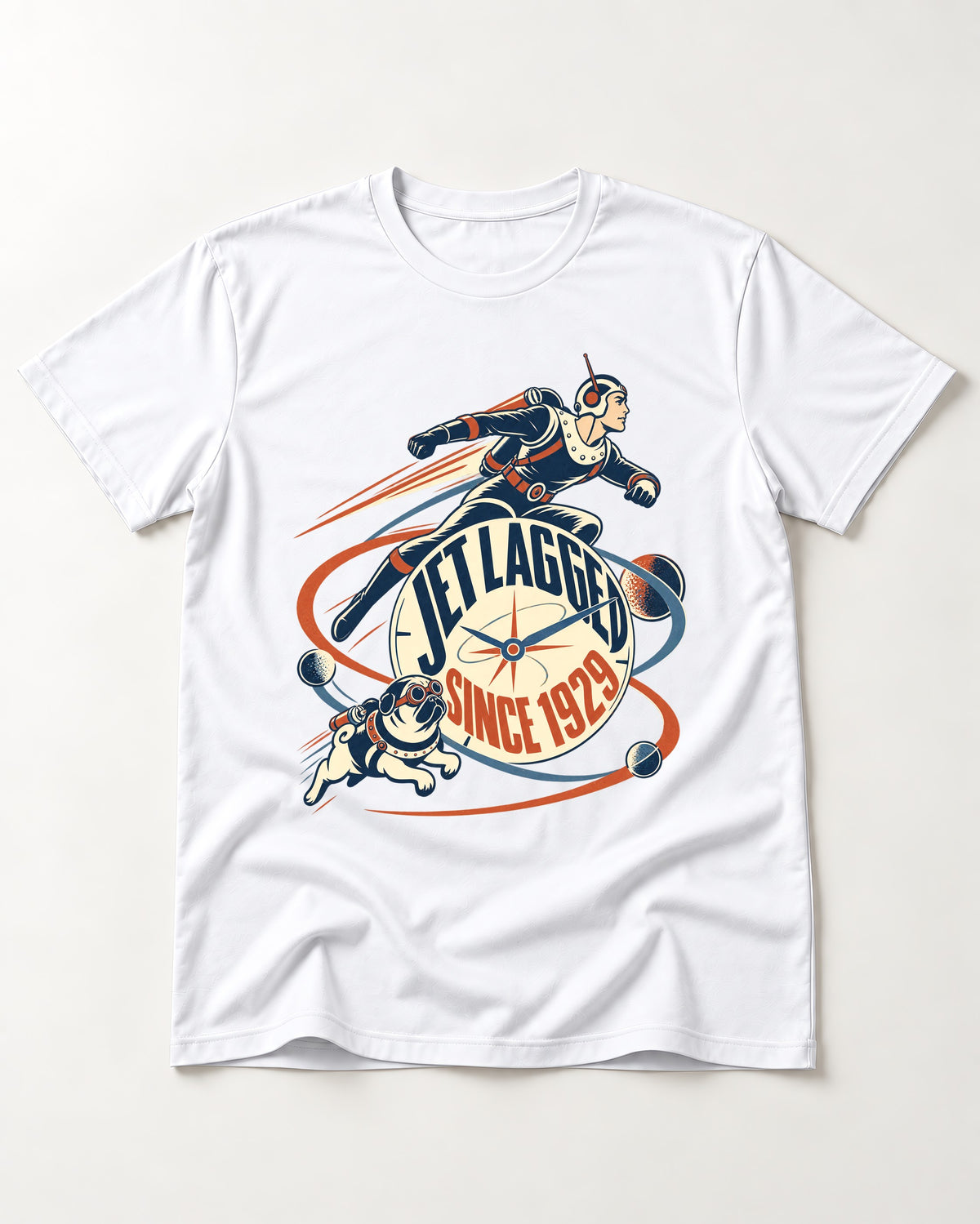 Jet Lagged Pug T-Shirt in White, flat lay product photo