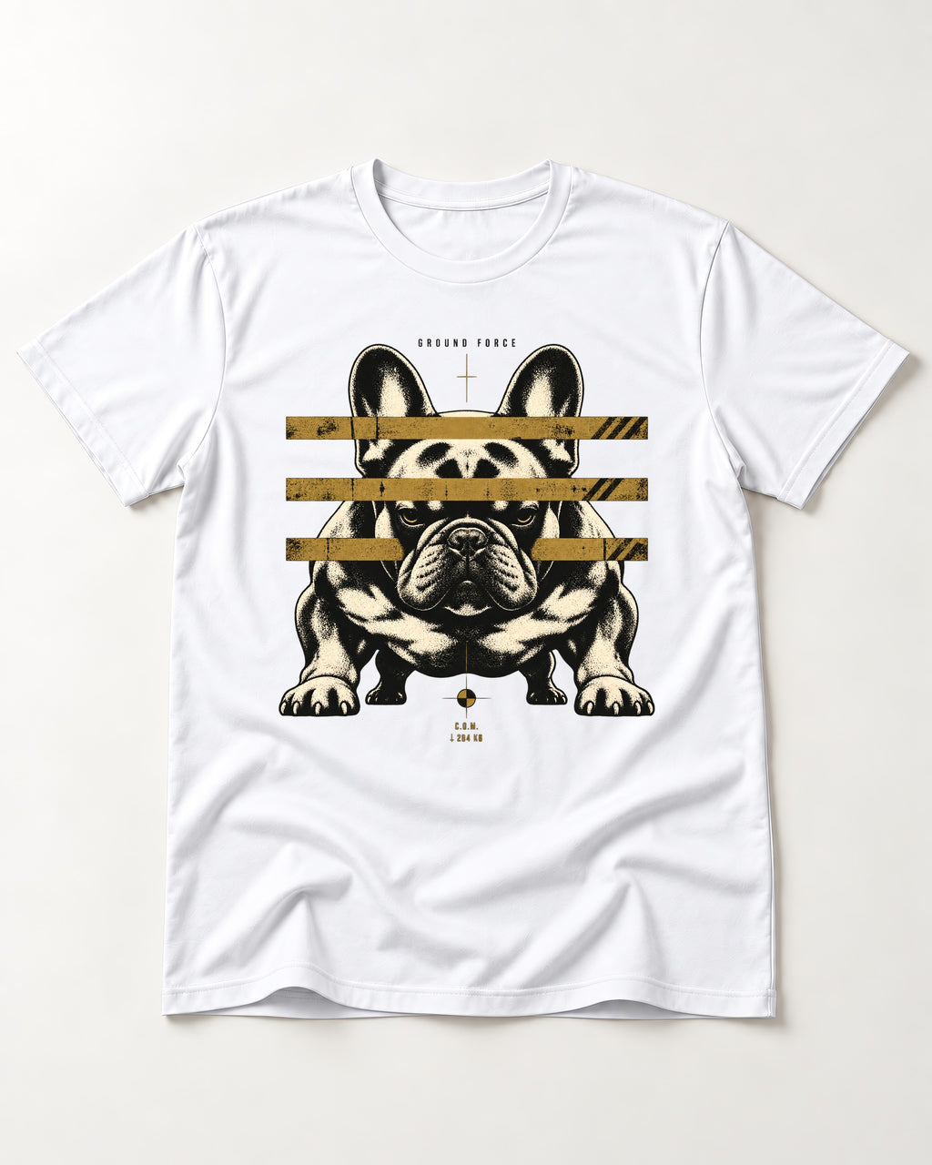Frenchie Ground Force Industrial Barrier Graphic T-Shirt in White, flat lay product photo
