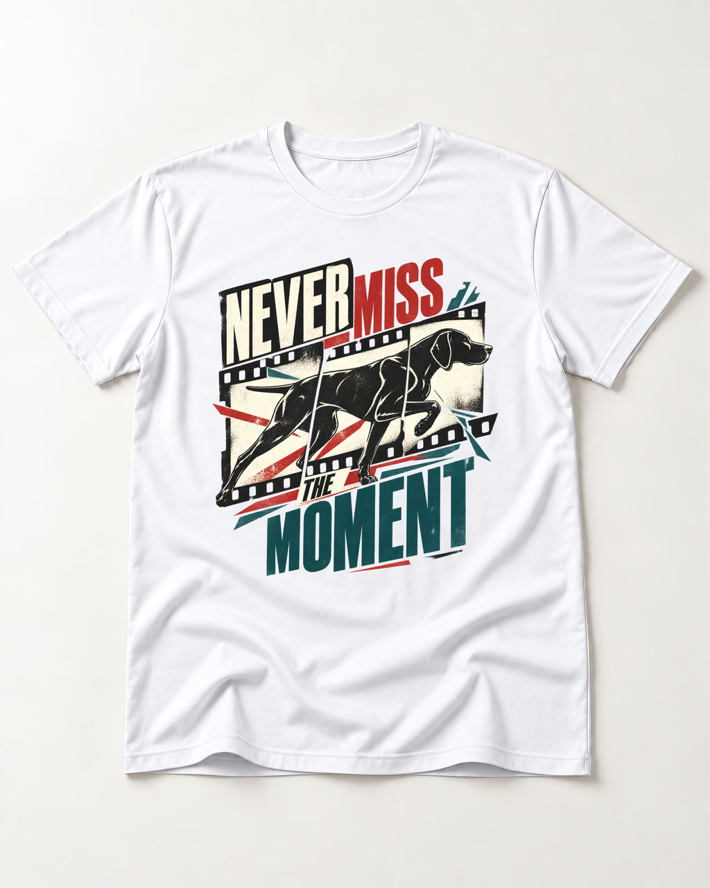 German Shorthaired Pointer Never Miss the Moment Filmstrip Graphic T-Shirt in White, flat lay product photo