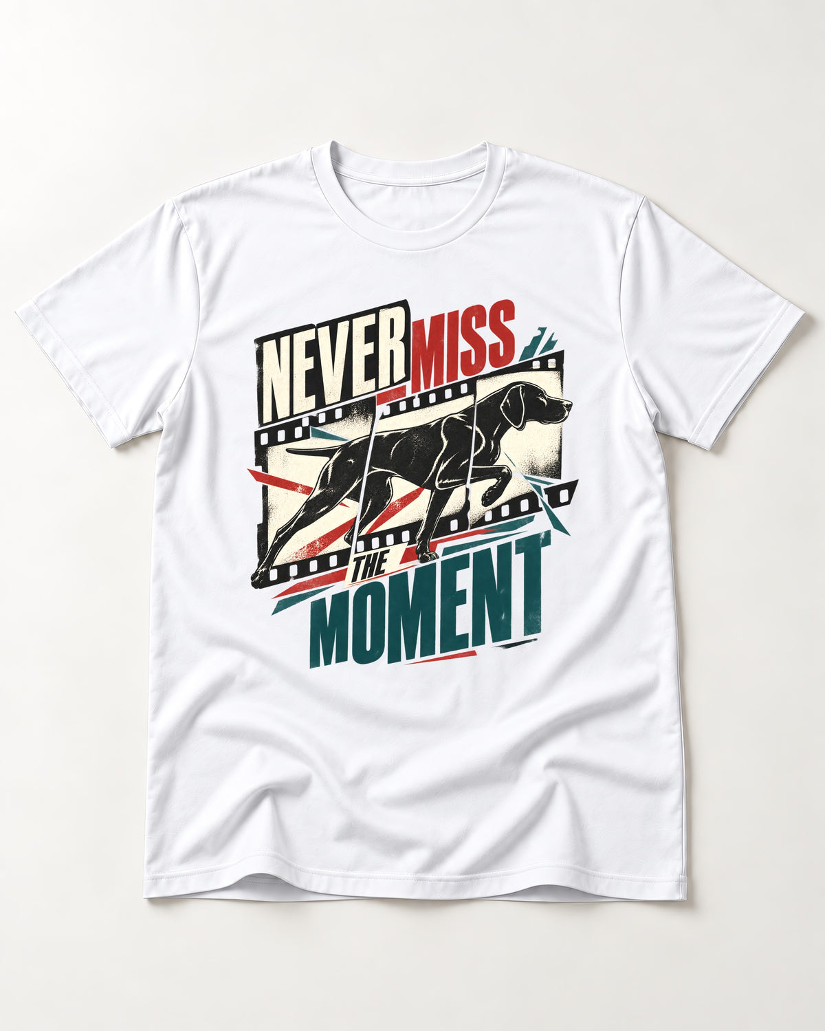 German Shorthaired Pointer Never Miss the Moment Filmstrip Graphic T-Shirt in White, flat lay product photo
