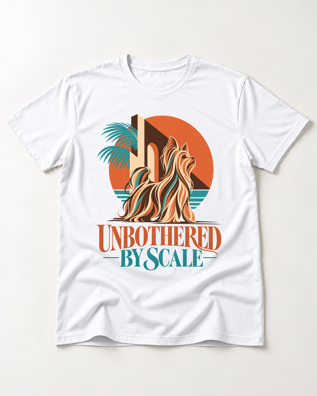 Yorkshire Terrier Unbothered by Scale Tropical Architecture Graphic T-Shirt in White, flat lay product photo