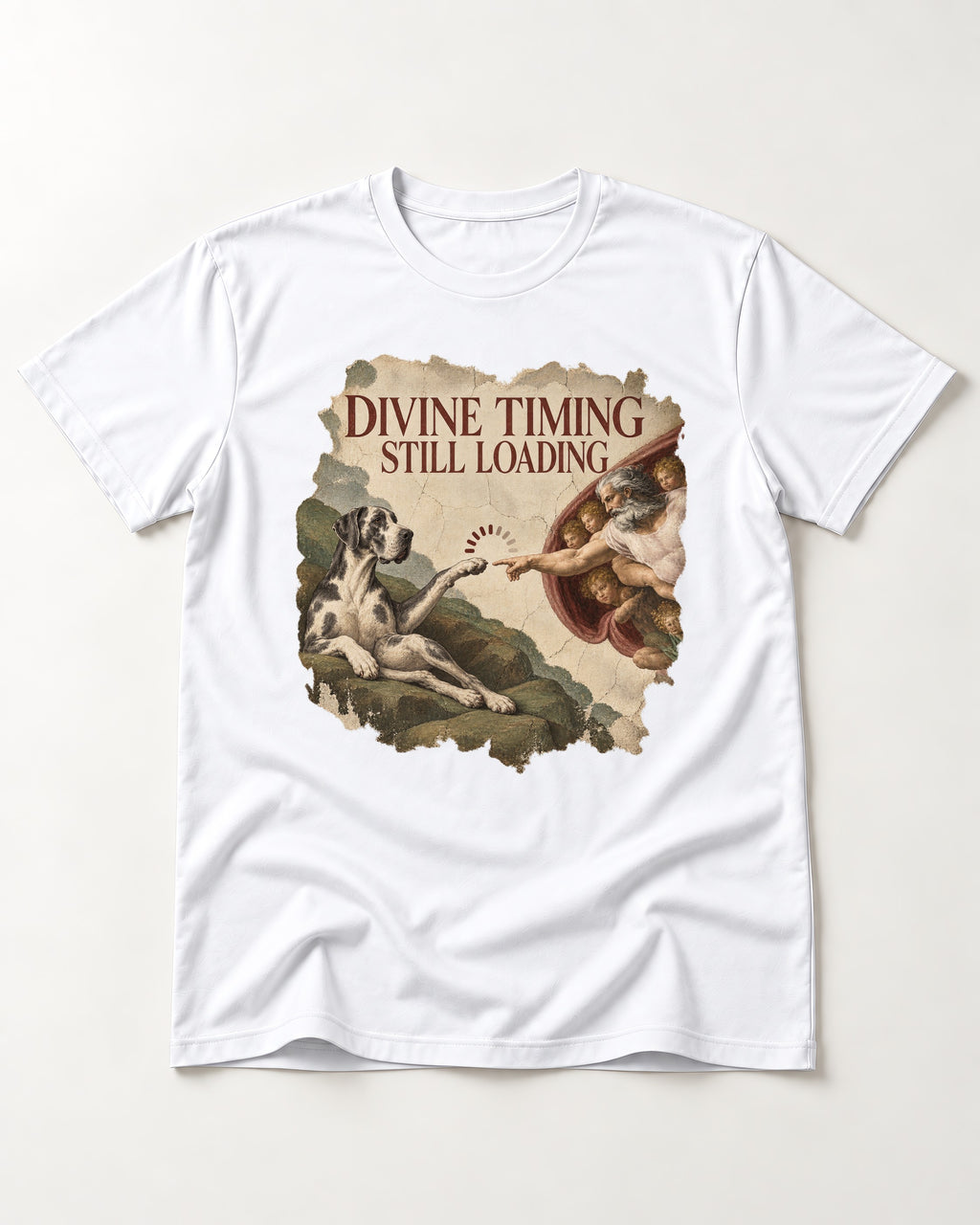 Great Dane Divine Timing Still Loading T-Shirt in White, flat lay product photo