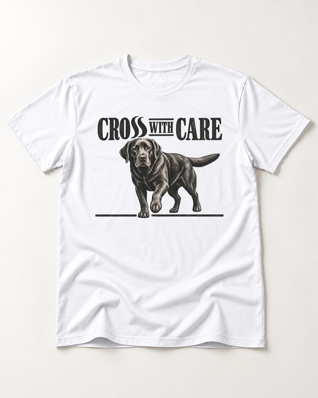 Labrador Retriever Cross with Care T-Shirt in White, flat lay product photo