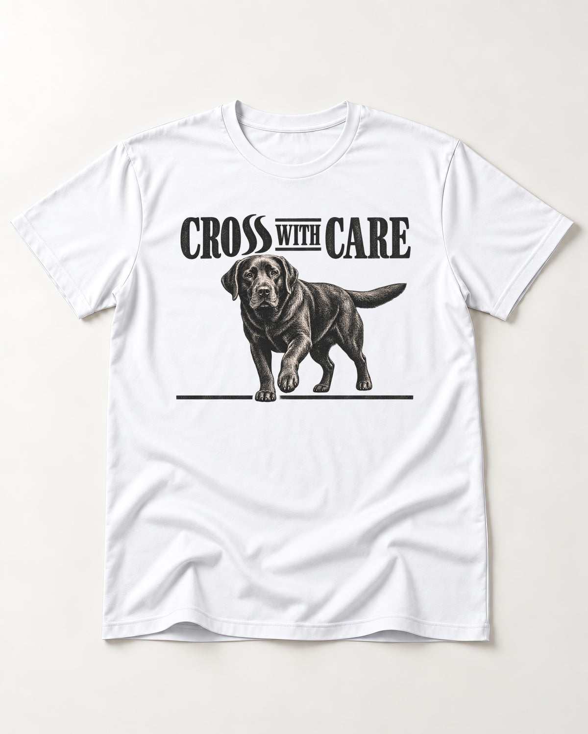 Labrador Retriever Cross with Care T-Shirt in White, flat lay product photo