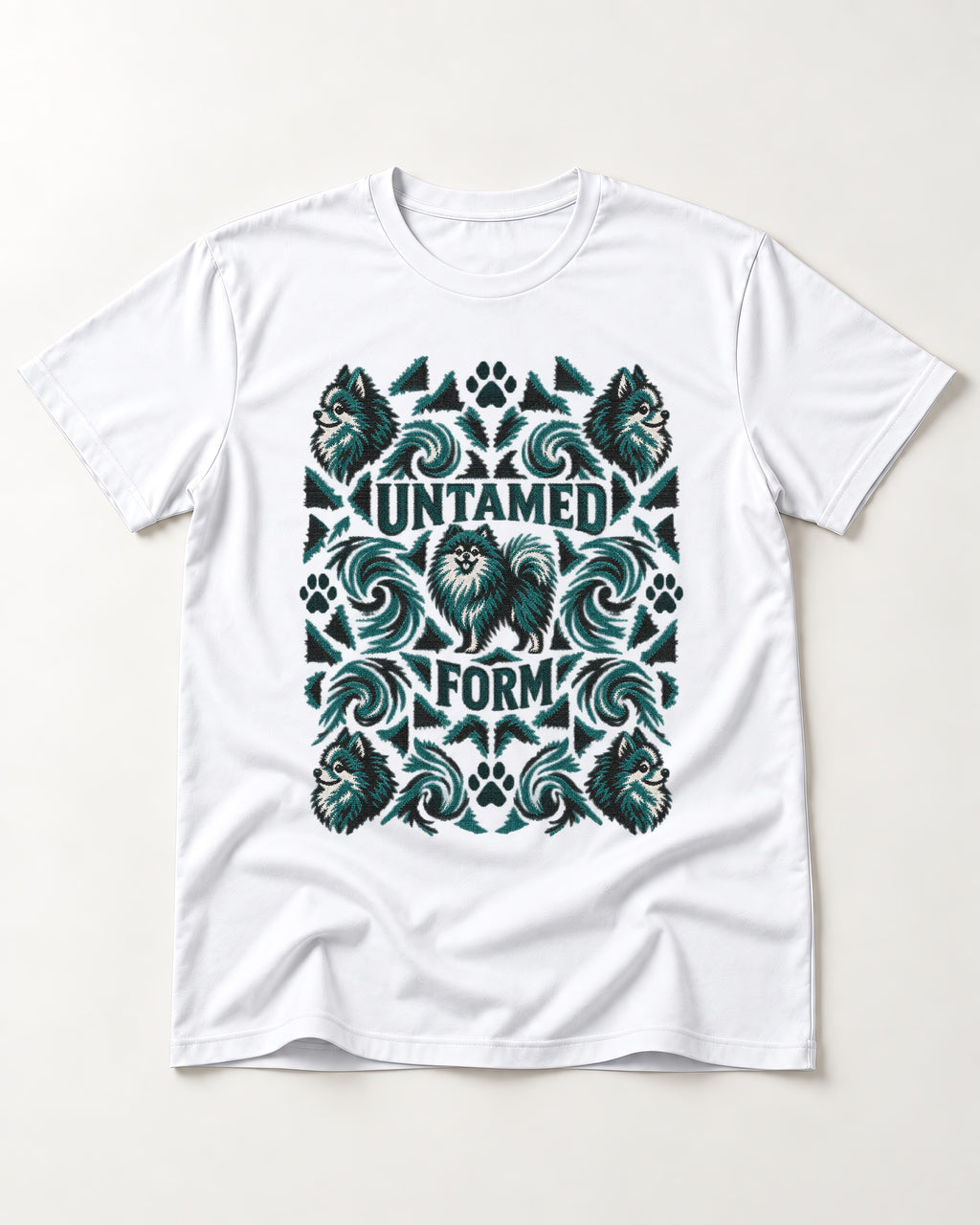 Pomeranian Untamed Form T-Shirt in White, flat lay product photo