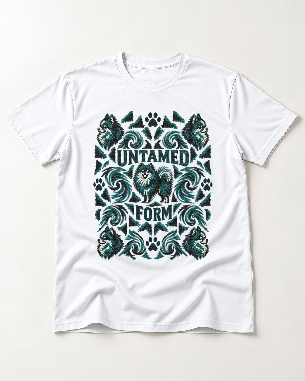 Pomeranian Untamed Form T-Shirt in White, flat lay product photo