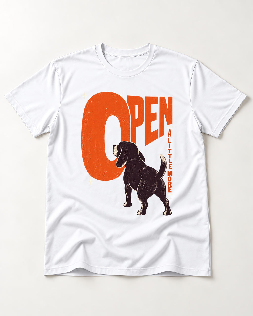 Open a Little More Beagle T-Shirt in White, flat lay product photo