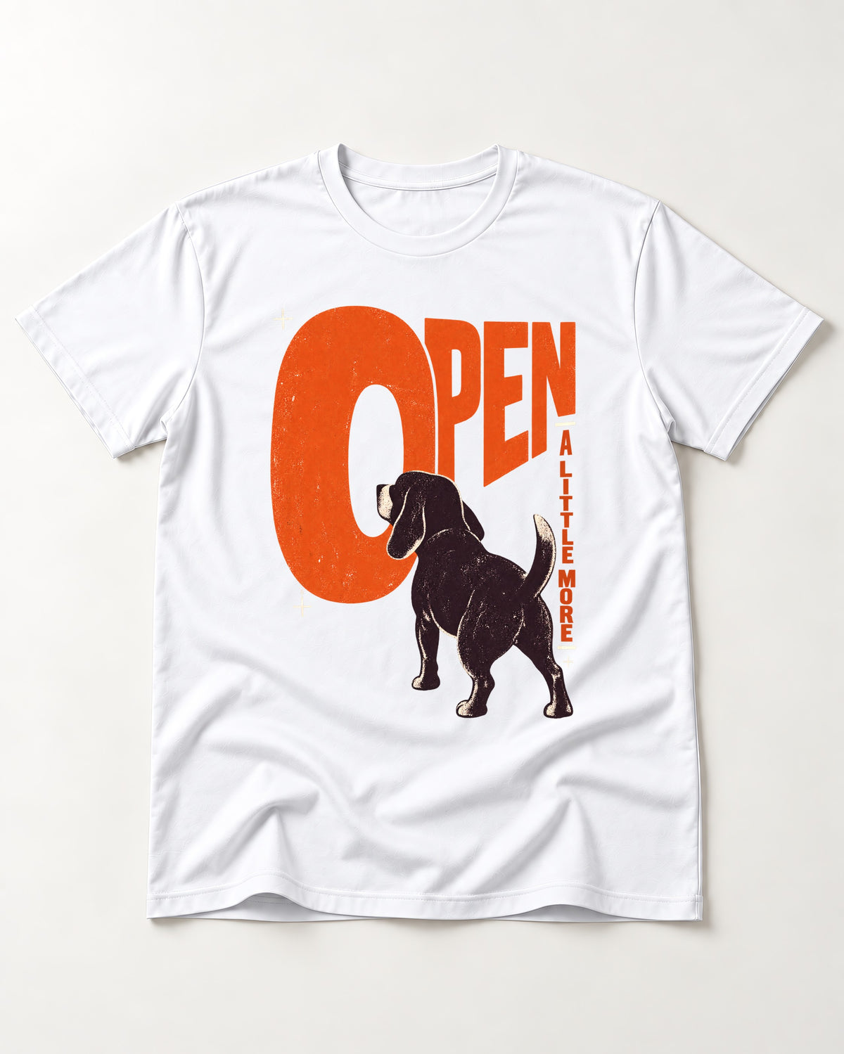Open a Little More Beagle T-Shirt in White, flat lay product photo