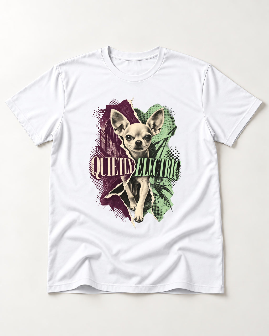 Chihuahua Quietly Electric T-Shirt in White, flat lay product photo