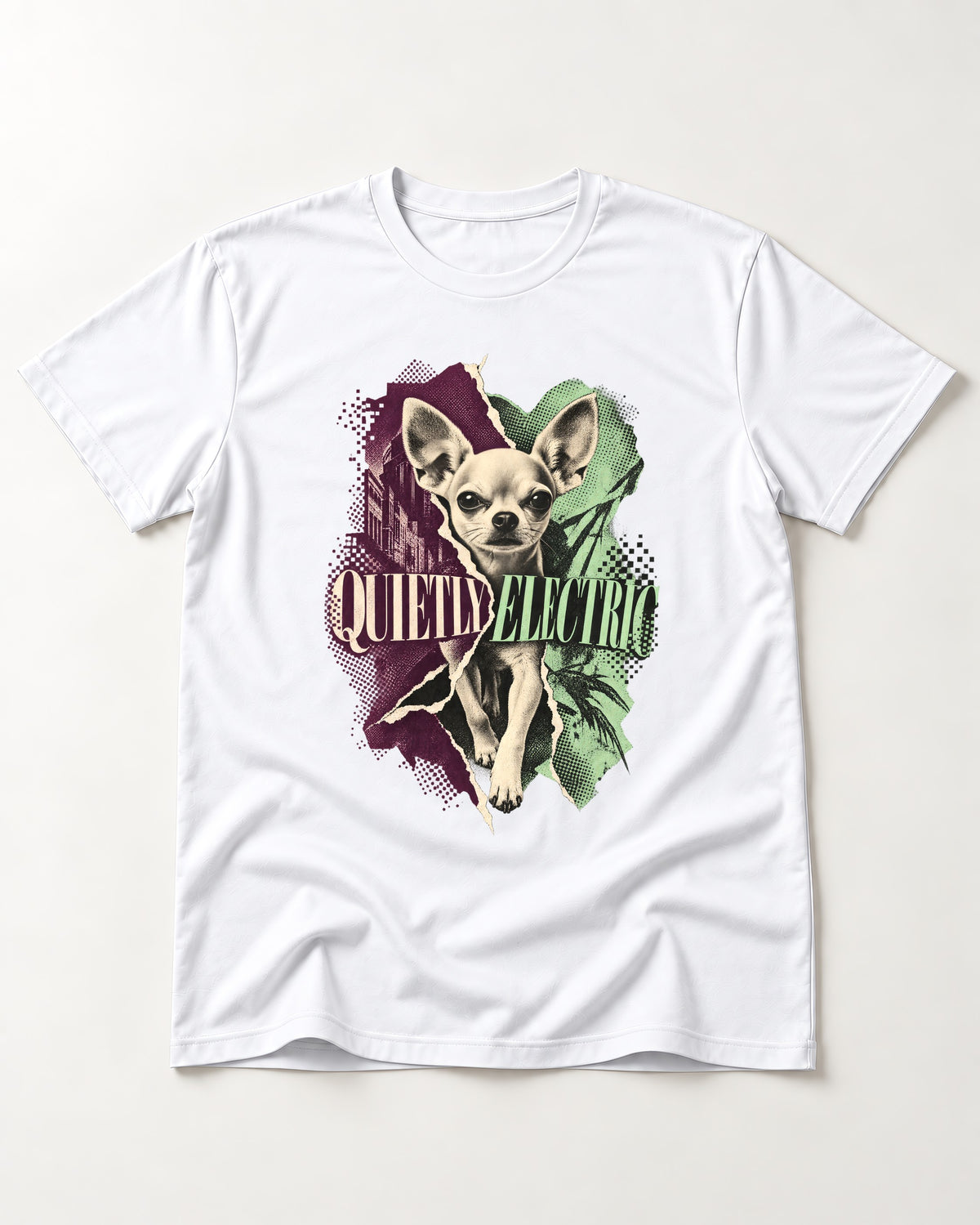 Chihuahua Quietly Electric T-Shirt in White, flat lay product photo