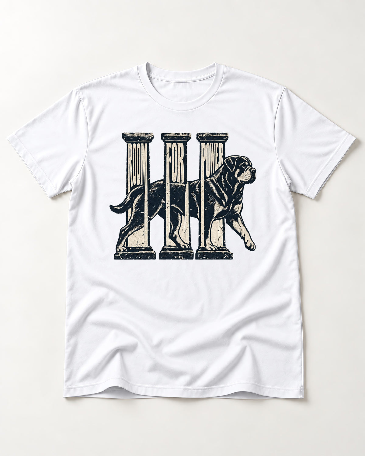 Room for Rottweiler Power T-Shirt in White, flat lay product photo