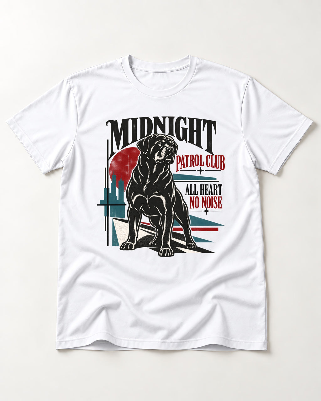 Rottweiler Midnight Patrol Club T-Shirt in White, flat lay product photo