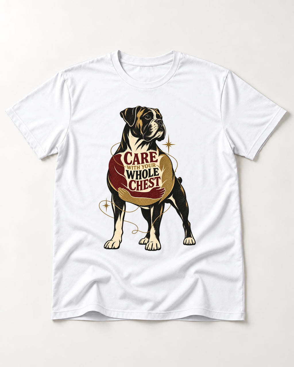 Boxer Care With Your Whole Chest T-Shirt in White, flat lay product photo